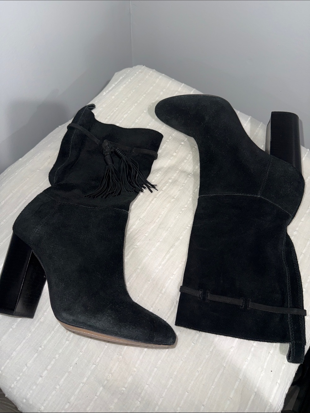 Vince Camuto Black Suede Tassel Mid-Calf Block Heel Boots